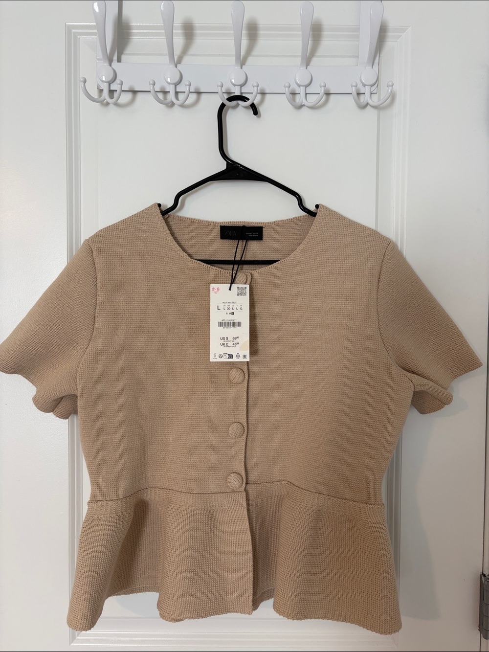 NWT Zara Beige Short-Sleeve Peplum Button Front Knit Top